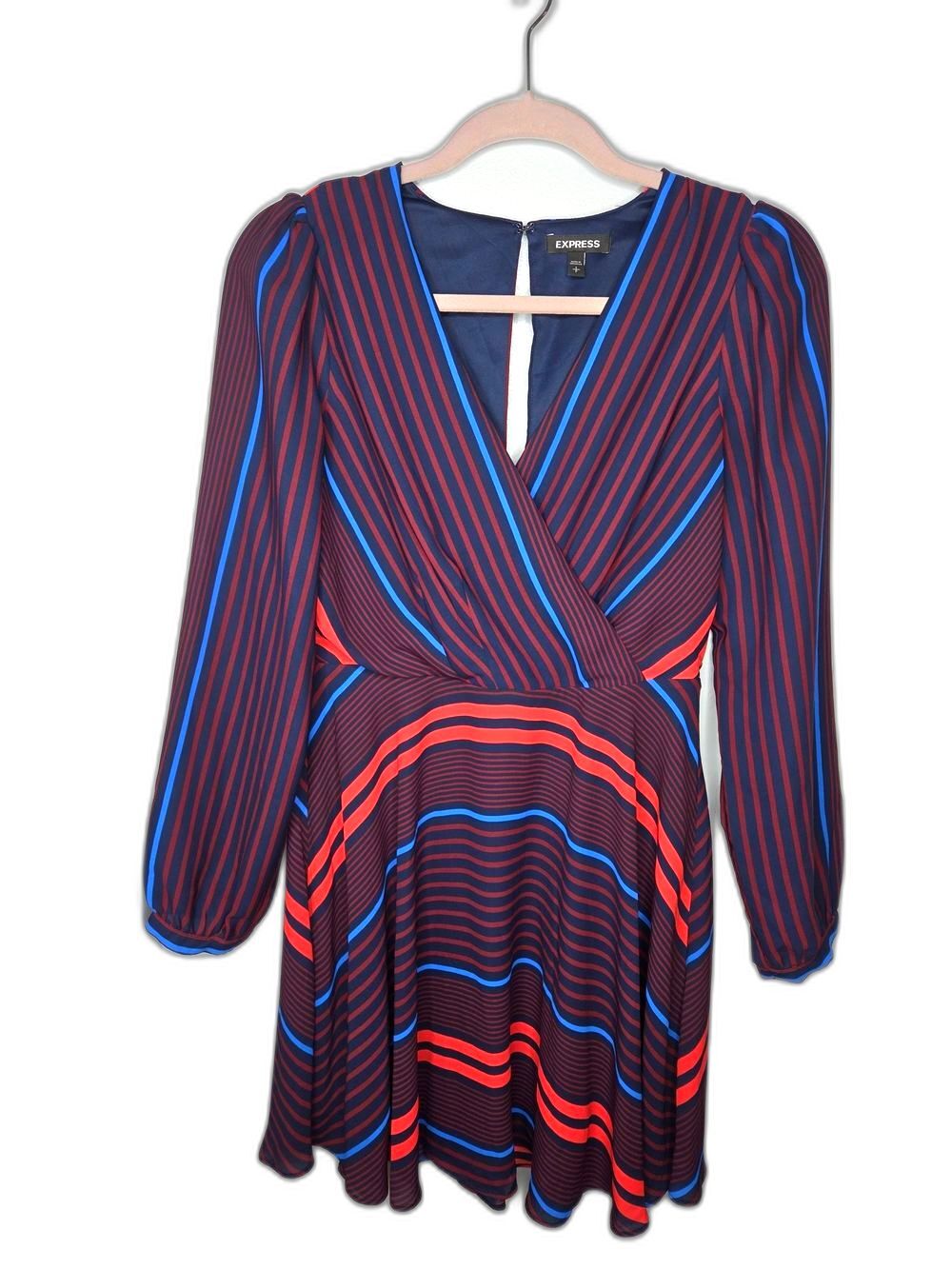 Express Long Sleeve Striped Wrap Dress in Navy with Red & Bright Blue Stripes